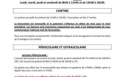 inscription à la cantine et/ou au centre de loisirs.